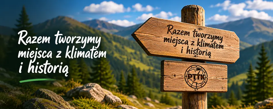 Drewniany drogowskaz PTTK z napisem „Razem tworzymy miejsca z klimatem i historią”
